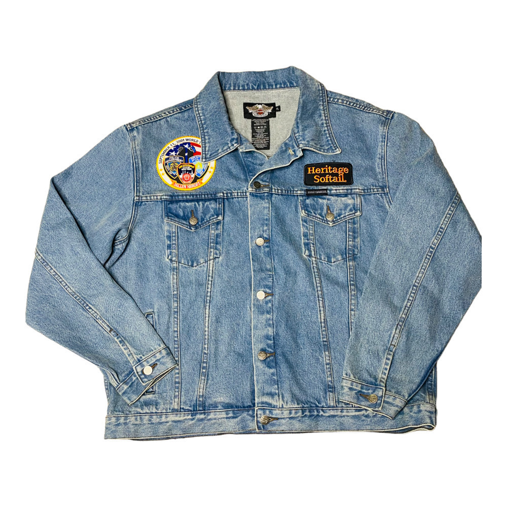 Vintage‎ Harley Davidson Denim Jacket Embroidered Patch Blue Biker XLARGE Men